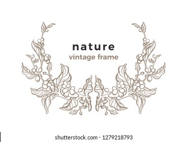 Vector vintage frame. Line art golden rich wreath. Coffee bean, branch in wreath. Hand drawn elegant illustration Organic natural card, print Royal bio design for sticker, label, natural organic print
