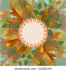 Vector vintage frame on background with autumn leaves, space for text.