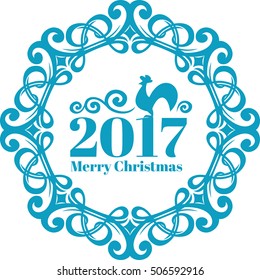 Vector Vintage frame on blue-ice color. New year card c symbol, the rooster. Merry christmas text