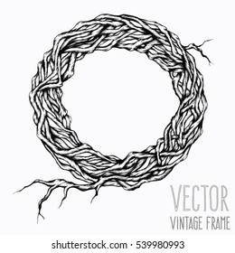 Vector vintage frame on isolated background. Hand drawn illustration in vintage style.  Tree branches of round frame.
