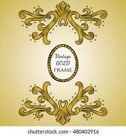 Vector vintage frame with ornament. Retro invitation, greeting card template made with gold texture