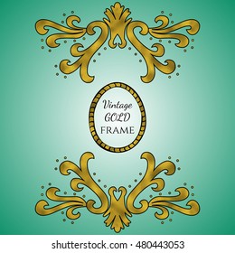 Vector vintage frame with ornament. Retro invitation, greeting card template made with gold texture