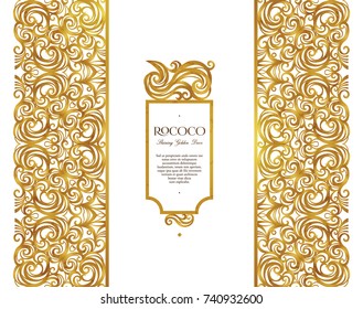 Vector vintage frame; ornate floral seamless borders for design template. Victorian style gold element. Rococo decoration. Arabic golden motifs. Ornamental illustration for invitation, greeting card.