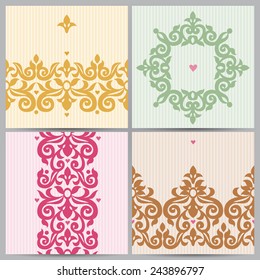 Vector vintage frame and seamless borders in Victorian style. Ornate element for design and place for text. Ornamental lace pattern for wedding invitations, greeting cards. Bright romantic decor.