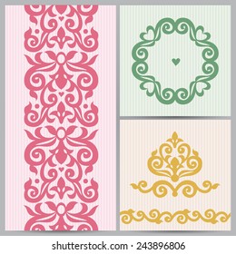 Vector vintage frame and seamless borders in Victorian style. Ornate element for design and place for text. Ornamental lace pattern for wedding invitations, greeting cards. Bright romantic decor.