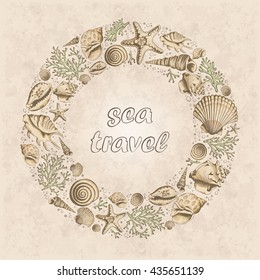 Vector vintage frame with seashells, corals and starfishes. Marine background. Illustration in sketch style. Travel Template. Perfect for greetings, invitations, wedding and web design.