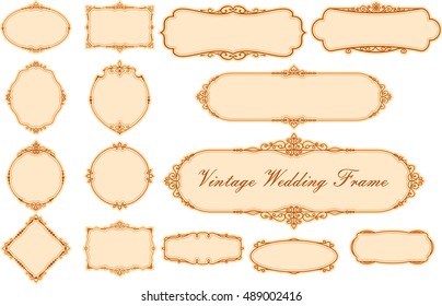 Vector of vintage frame set on pattern retro background. Calligraphic design elements.Gold photo frame with corner line floral for picture, Vector design decoration pattern style.