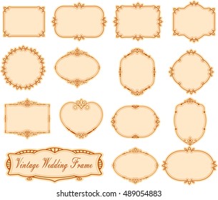 Vector of vintage frame set on pattern retro background. Calligraphic design elements.Gold photo frame with corner line floral for picture, Vector design decoration pattern style.