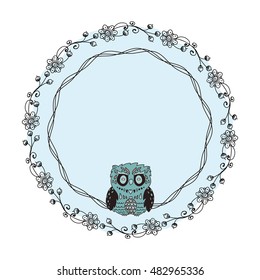 Vector vintage frame. Tender frame with cartoon hand drawn bird, owl, wave and flower elements. Template for invitation, greeting card, background. Abstract ornament, ornate sketch art