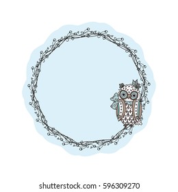 Vector vintage frame. Tender frame with cartoon hand drawn bird, owl, wave and flower elements. Template for invitation, greeting card, background. Abstract ornament, ornate doodle art