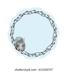 Vector vintage frame. Tender frame with cartoon hand drawn bird, owl, wave and flower elements. Template for invitation, greeting card, background. Abstract ornament, ornate doodle art