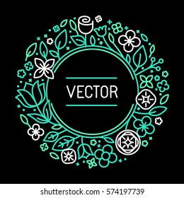 Vector vintage frame in trendy linear frame for florist shops and organic cosmetics - monogram design template with copy space for text with leaves and flowers and circle background in green colours 