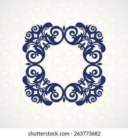 Vector vintage frame in Victorian style. Ornate element for flat design, place for text. Ornamental floral pattern for invitations, greeting cards. Traditional blue decor on light background.