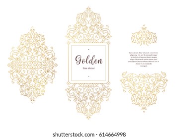 Vector vintage frame, vignettes for design template. Eastern style element. Golden outline floral decor. Premium illustration for invitations, greeting card, wallpaper, web, background.