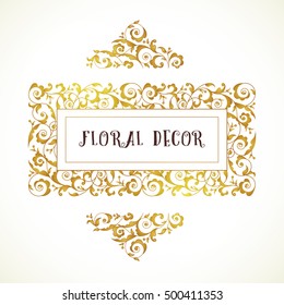 Vector vintage frame, vignettes in Eastern style. Ornate floral elements for design. Ornamental illustration, luxury decor for invitation, cards, wallpaper. Place for text. Golden rectangle frame.