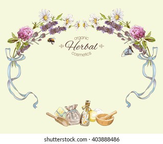 Vector vintage frame with wild flowers, herbs and ribbons..Design for herbal tea, cosmetics, beauty salon, natural and organic products. Can be used as greeting card,logo design or boho style element.