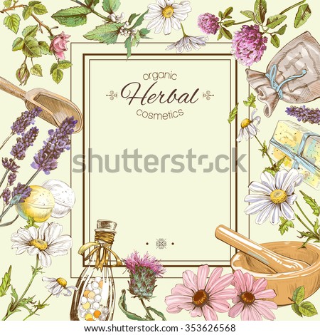 Vector vintage frame with wild flowers and herbs.Layout, mock up design for cosmetics, store, beauty salon, natural and organic products. Can be used like a greeting card. With place for text