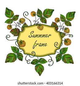 Vector vintage frame with yellow raspberries. Vector colored raspberry frame. Summer template card. Save the date vector circular illustration.