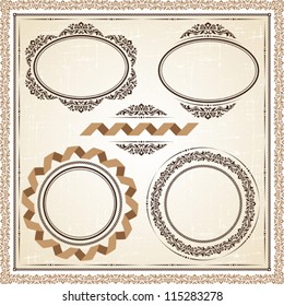 Vector vintage frames at grunge background with retro ornament.