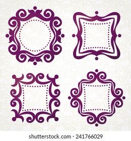 Vector vintage frames in Victorian style. Ornate element for design, place for text. Ornamental lace pattern for wedding invitations and greeting cards. Traditional purple decor on light background.