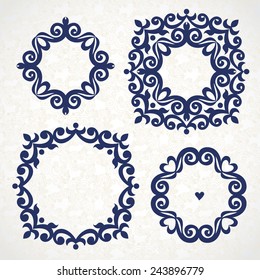 Vector vintage frames in Victorian style. Ornate element for design and place for text. Ornamental lace pattern for wedding invitations and greeting cards. Traditional romantic decor.