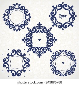 Vector vintage frames in Victorian style. Ornate element for design and place for text. Ornamental lace pattern for wedding invitations and greeting cards. Traditional romantic decor.