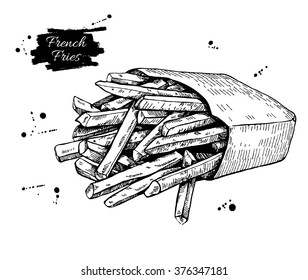 Vector Vintage French Fries Drawing. Hand Drawn Monochrome Fast Food Illustration. Great For Menu, Poster Or Label.