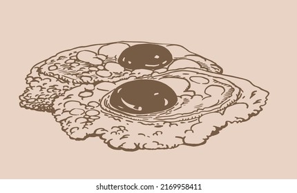Huevos fritos vectoriales, fondo sepia, comida rápida gráfica para el diseño, logotipo, tipografía de menú y cafés. Desayuno tradicional inglés	
