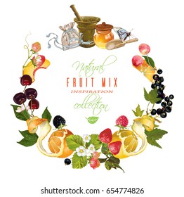 Vector vintage fruit and berry cosmetic banner with honey and mortar .Design for herbal and fruit tea, natural cosmetics, candy, grocery and health care products. Can be used as logo design