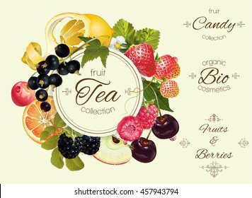 Vector vintage fruit and berry round banner .Design for tea, ice cream, jam, natural cosmetics, candy and bakery with fruit filling, health care products.. Can be used as logo design