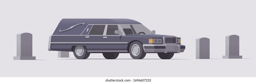 Vector vintage funeral hearse car in cemetery. Isolated illustration. Collection