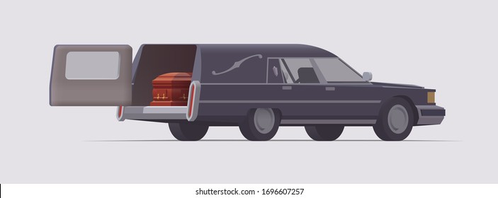 Vector vintage funeral hearse car with coffin inside. Isolated illustration. Collection