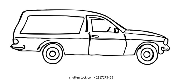 Vector vintage funeral hearse car with coffin inside sketch. Isolated illustration. 