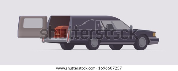 Vector vintage funeral hearse\
car with coffin inside. Isolated illustration.\
Collection