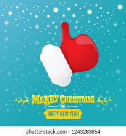 vector vintage funky cartoon Santa Claus like hand icon on azure sky background with lights. thumbs up santa hand symbol. vector merry christmas greeting card, flyer, banner or party poster background