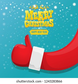 vector vintage funky cartoon Santa Claus like hand icon on azure sky background with lights. thumbs up santa hand symbol. vector merry christmas greeting card, flyer, banner or party poster background