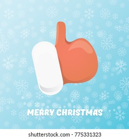 vector vintage funky cartoon Santa Claus like hand icon on blue background with snowflakes. thumbs up santa hand symbol. vector merry christmas greeting card, flyer, banner or party poster background