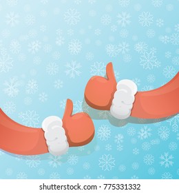 vector vintage funky cartoon Santa Claus like hand icon on blue background with snowflakes. thumbs up santa hand symbol. vector merry christmas greeting card, flyer, banner or party poster background