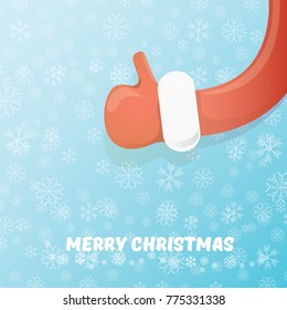 vector vintage funky cartoon Santa Claus like hand icon on blue background with snowflakes. thumbs up santa hand symbol. vector merry christmas greeting card, flyer, banner or party poster background