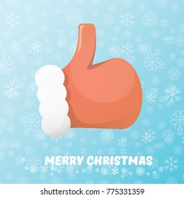 vector vintage funky cartoon Santa Claus like hand icon on blue background with snowflakes. thumbs up santa hand symbol. vector merry christmas greeting card, flyer, banner or party poster background