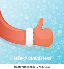 vector vintage funky cartoon Santa Claus like hand icon on blue background with snowflakes. thumbs up santa hand symbol. vector merry christmas greeting card, flyer, banner or party poster background