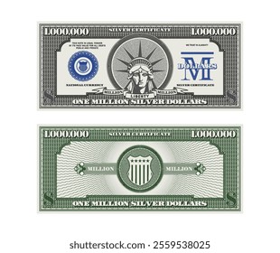 Vector vintage gaming banknote obverse and reverse with head of statue of liberty, denominations of one million silver dollars. Money nominal of 10000000. Part 5