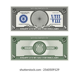 Vector vintage gaming banknote obverse and reverse, denominations of lucky eight silver dollars. Money nominal of 8. Fortune. Part 6