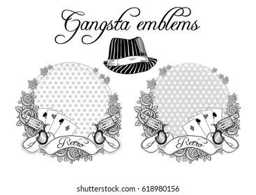 Vector vintage gangster frames with gun revolvers, poker cards and roses in gray colors isolated on white