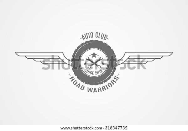 Vector vintage\
garage logo with tyre and\
wings