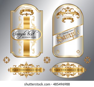 Vector vintage gold framed labels set. Golden on white. Baroque style premium quality label collection. Best for chocolate, perfume, luxury beauty care products, alcoholic beverages and tobacco.