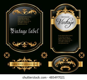 Vector vintage gold framed labels set. Golden on black. Baroque style premium quality label collection. Best for chocolate, cocoa, alcoholic beverages and tobacco. Vector illustration