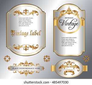 Vector vintage gold framed labels set. Golden on white. Baroque style premium quality label collection. Best for chocolate, perfume, luxury beauty care products, alcoholic beverages and tobacco.