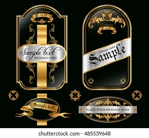 Vector vintage gold framed labels set. Golden on black. Baroque style premium quality label collection. Best for chocolate, cocoa, alcoholic beverages and tobacco. Vector illustration