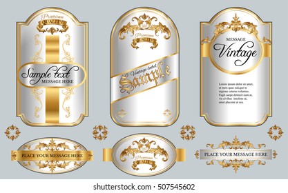 Vector vintage gold framed labels set. Golden on white. Baroque style premium quality label collection. Best for chocolate, cocoa, alcoholic beverages and tobacco. Vector illustration